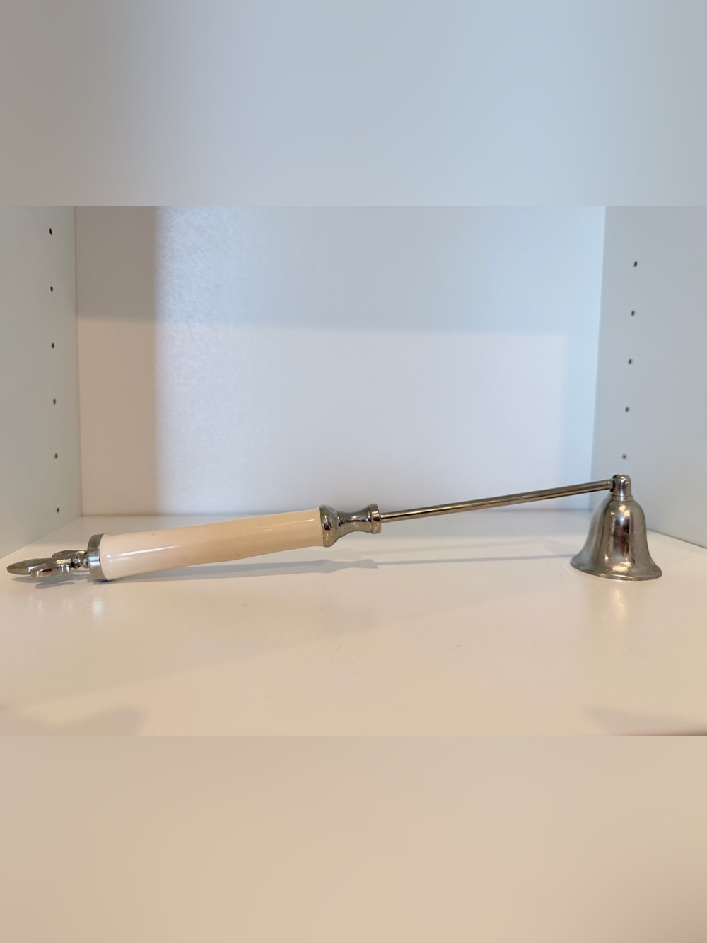 Vintage Style Candle Snuffer Fleur de Lis Ivory Handle Silver Tone 11”